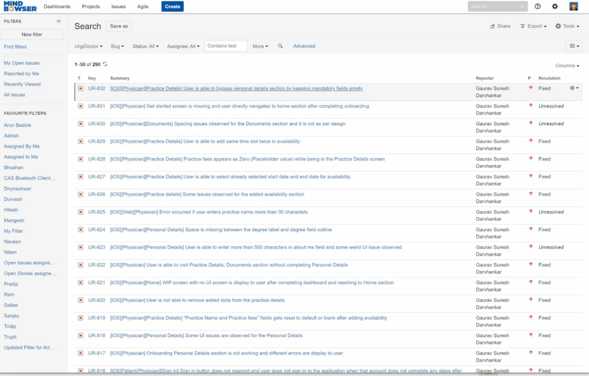 Sample bugs list on Jira