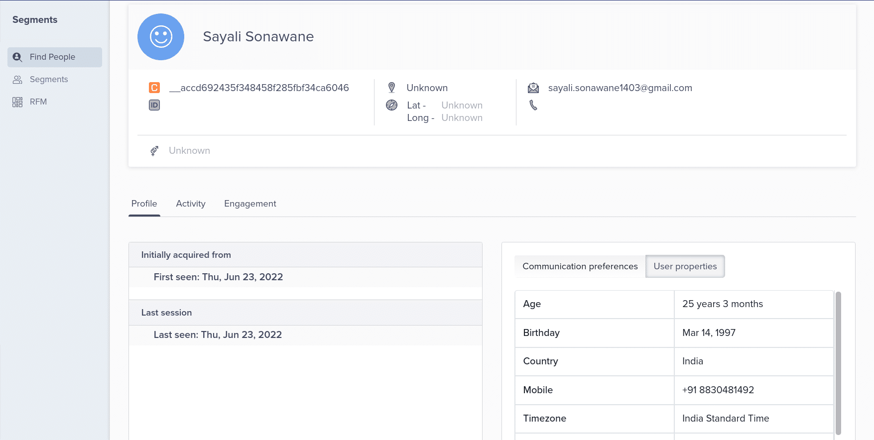 Clevertap user profile screenshot