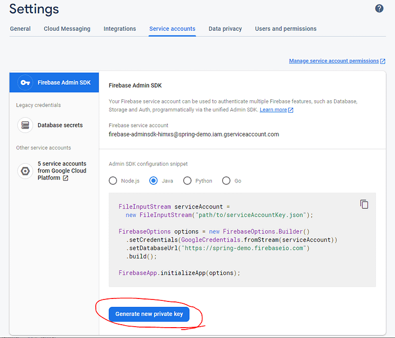 Service Account Private Key from FCM Console