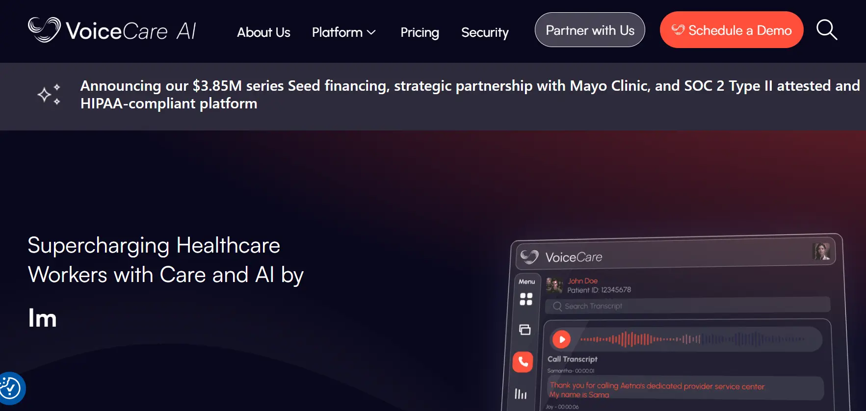 Website Screenshot of VoiceCare AI