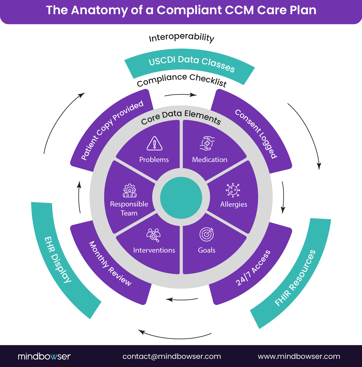 A circular visual representing the structure of a compliant Chronic Care Management care plan. The center lists core data elements including problems, medication, allergies, goals, interventions, and responsible team. Surrounding bands highlight requirements such as patient copy provided, consent logged, monthly review, 24/7 access, EHR display, and FHIR resource integration. An outer arc references interoperability and USCDI data classes as part of the compliance checklist.
