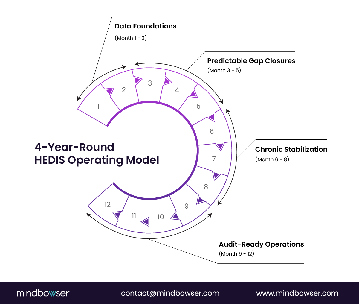 Circular 12-month operational model outlining phases of quality management: early data foundation setup, mid-year gap closure efforts, chronic condition stabilization, and final audit readiness preparation across the calendar year.