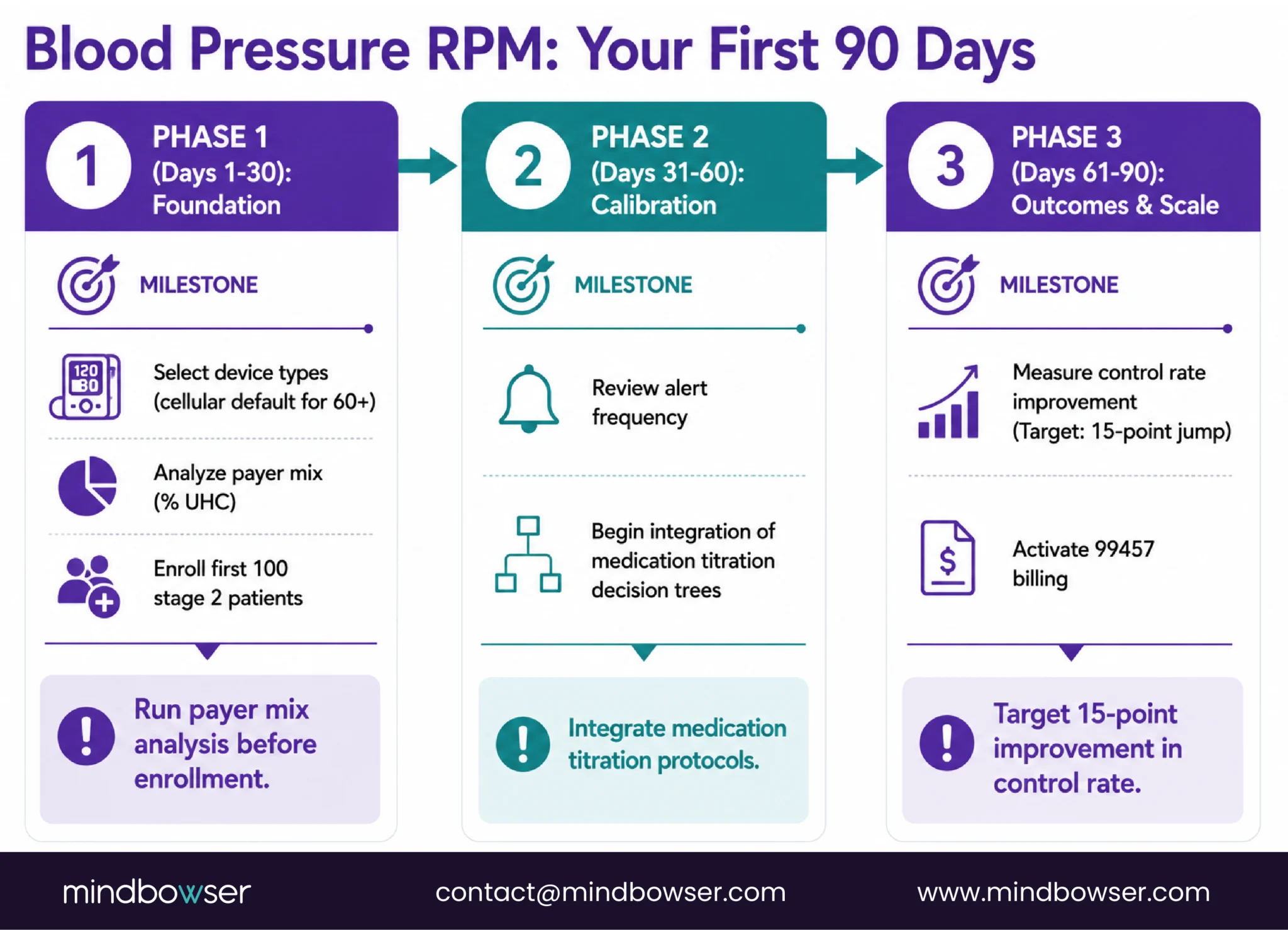 Blood pressure RPM 90-day roadmap covering device selection, payer analysis, enrollment, billing, and outcomes.