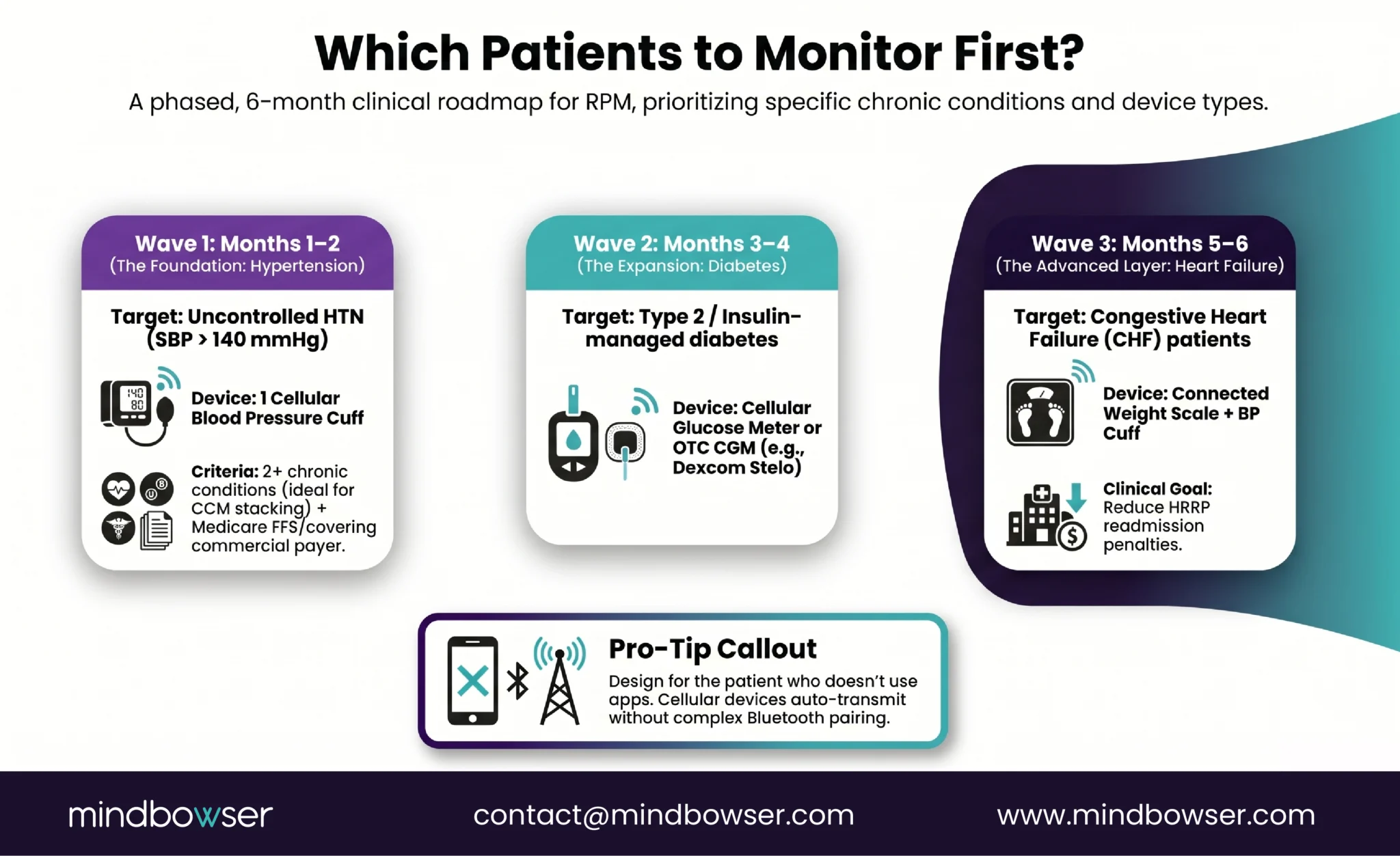 Primary care RPM patient selection roadmap showing hypertension, diabetes, and heart failure monitoring waves by month and device type