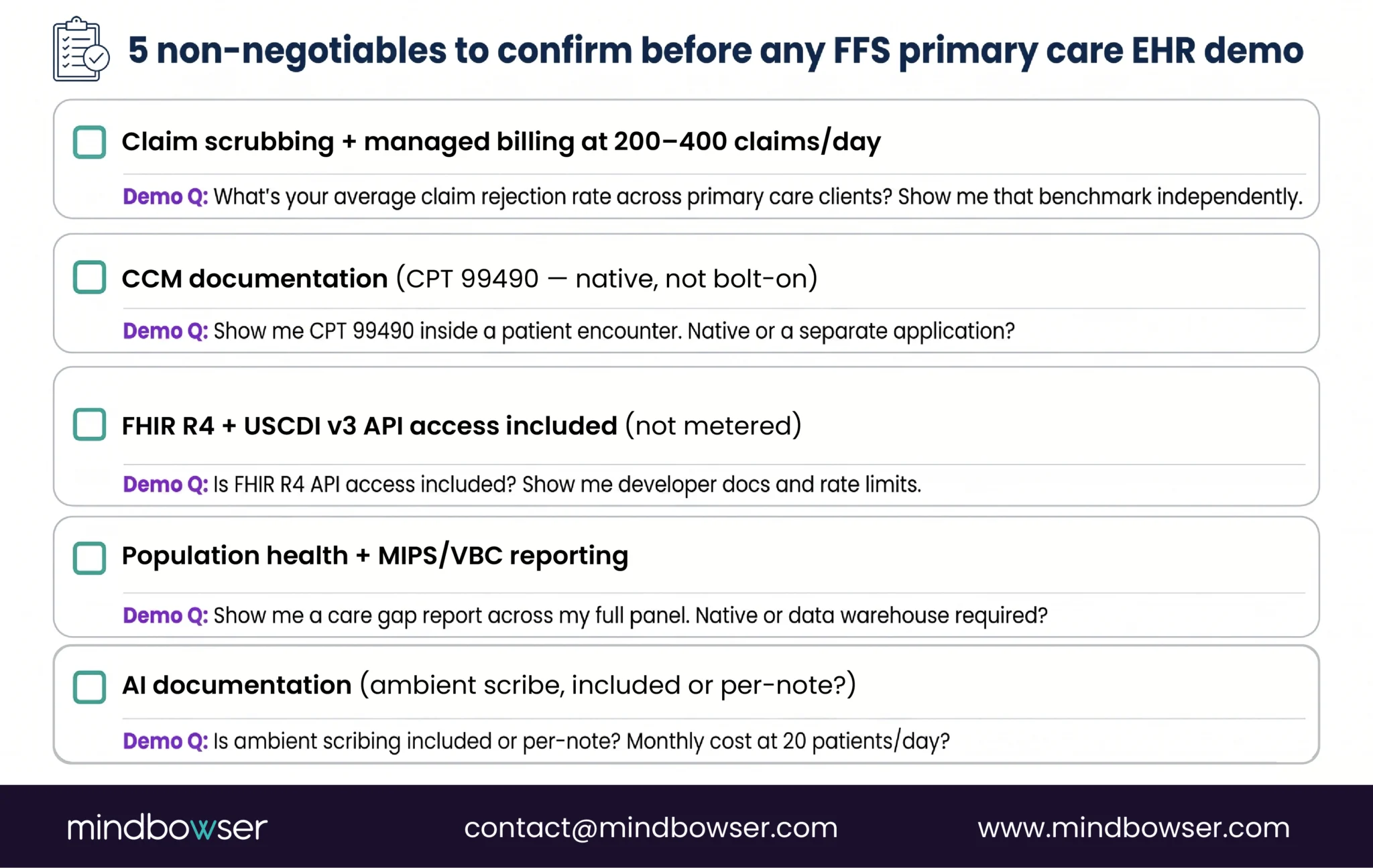 Printable checklist of five must-have features for FFS primary care EHRs.