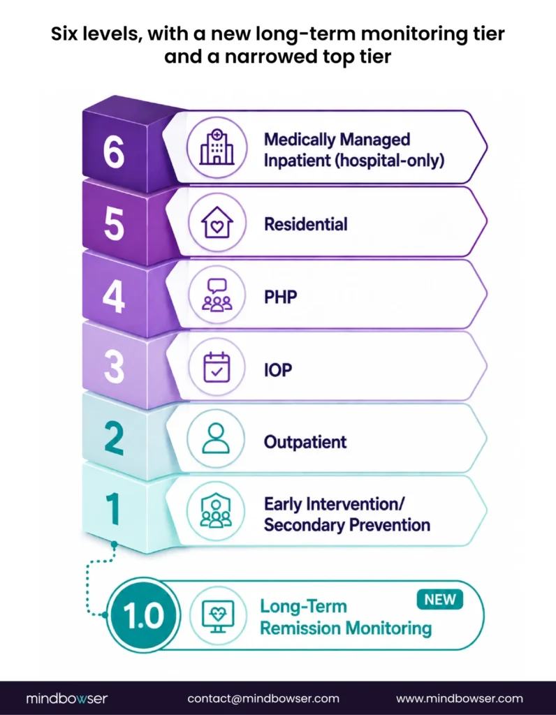 Behavioral health care levels with long-term remission monitoring tier