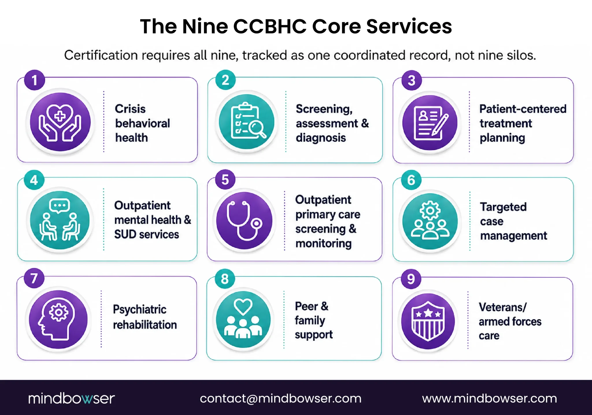 Infographic listing the nine required CCBHC services, including crisis care, screening, treatment planning, outpatient care, case management, rehabilitation, and peer support.