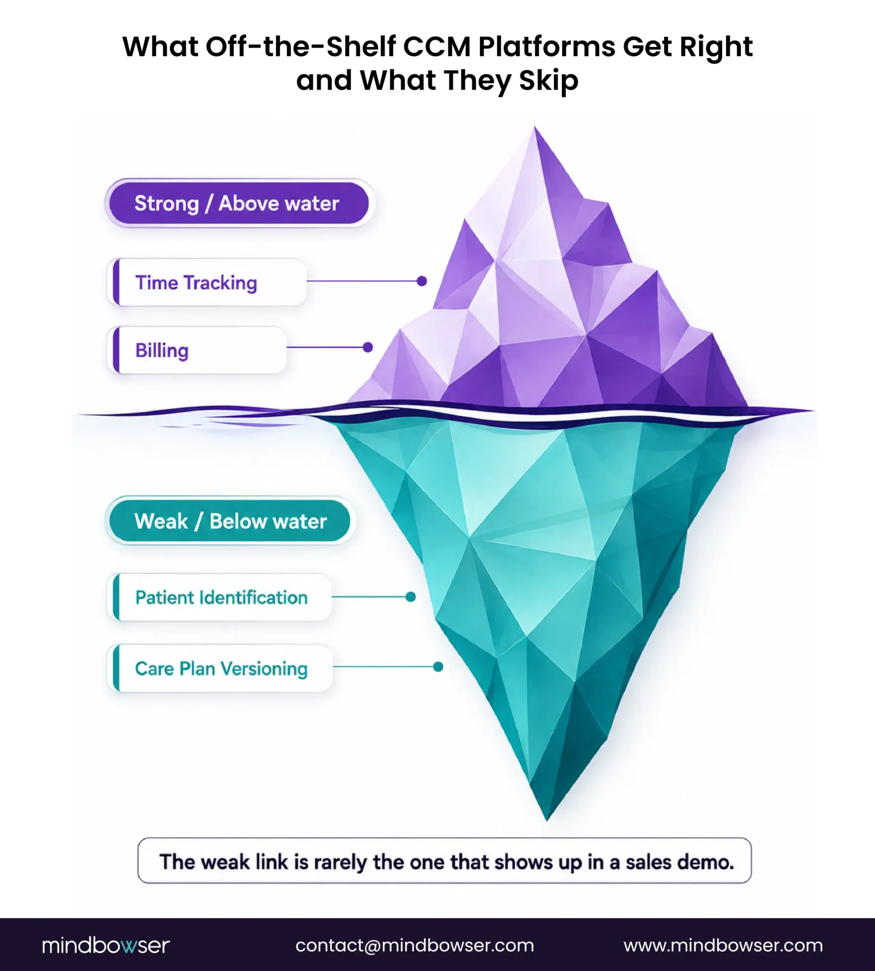 Iceberg diagram showing time tracking and billing as common strengths of commercial CCM platforms, while patient identification and care plan versioning are weaker areas.